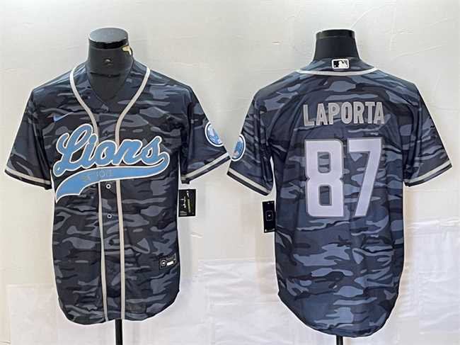 Mens Detroit Lions #87 Sam LaPorta Gray Camo Cool Base Stitched Baseball Jersey